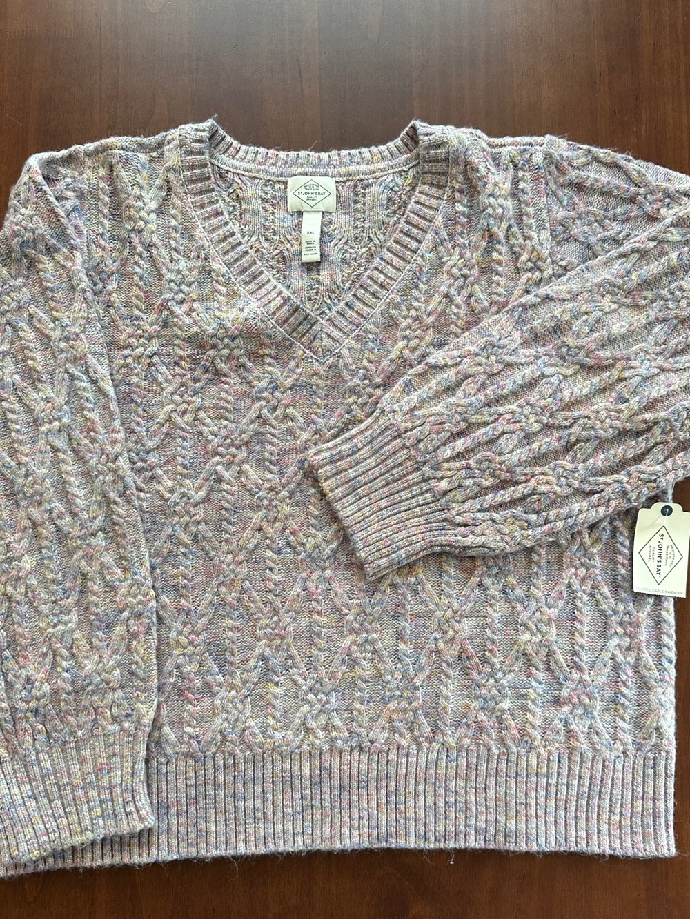 St. John's Bay Women's V-Neck Pastel Multicolor Cable Knit Sweater